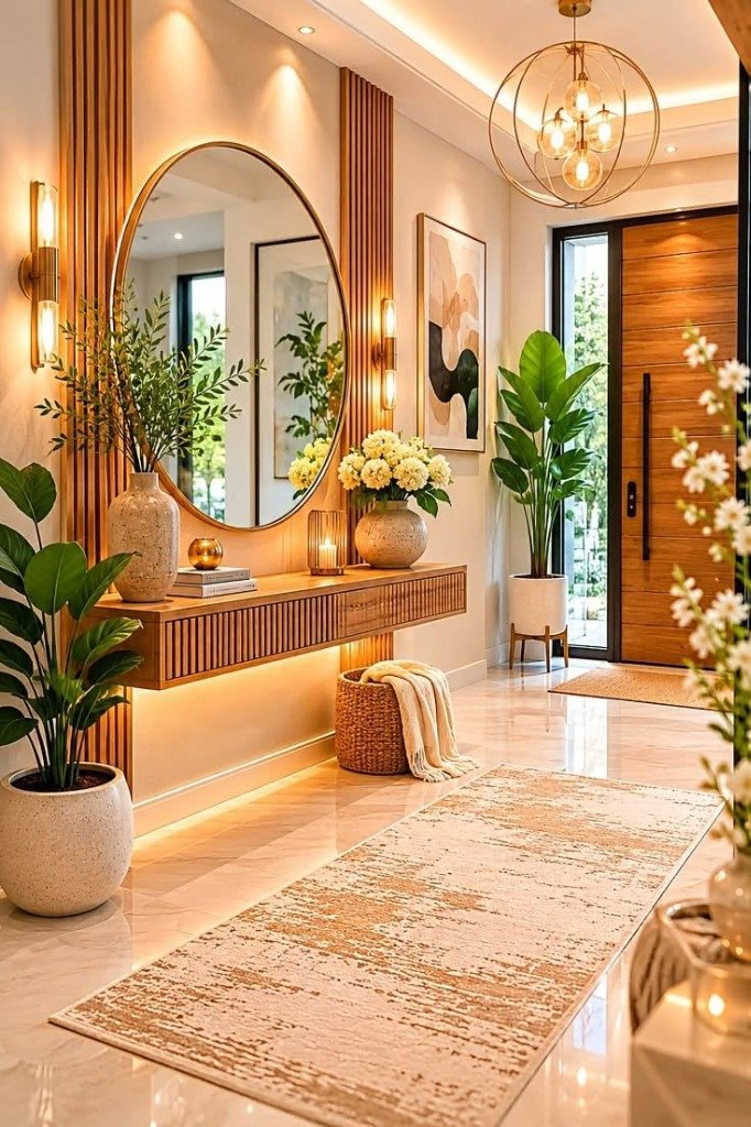 Fluted Wood Grand Foyer & Floating Console Entryway