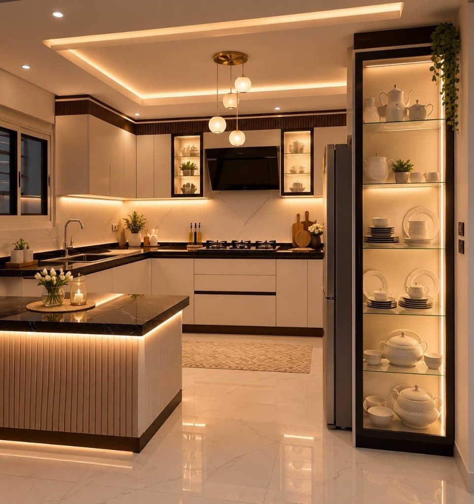 Modern Modular Kitchen & Illuminated Glass Crockery Unit