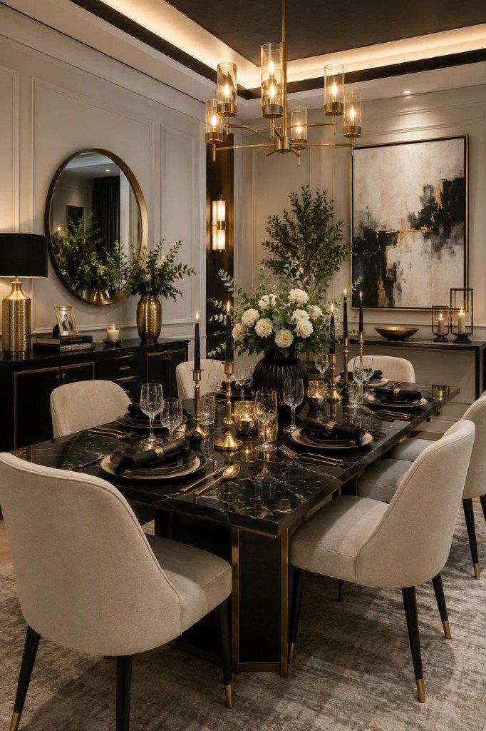Black Marquina Marble Dining & Neoclassical Credenza Suite