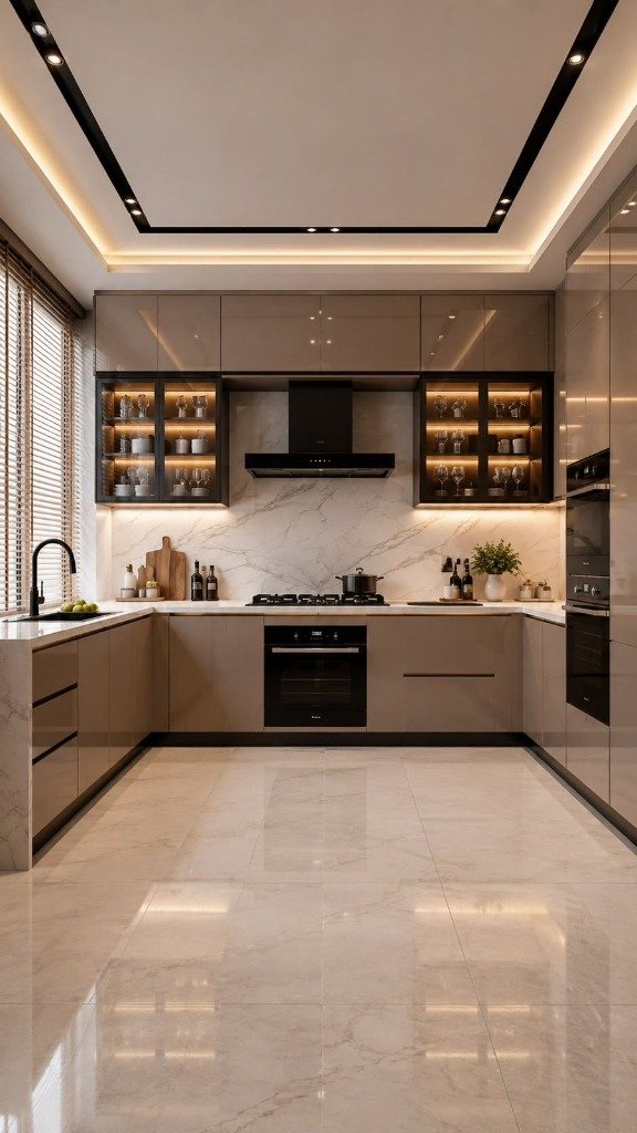 Champagne Gloss Modular Kitchen & Twin Backlit Glass Crockery Units