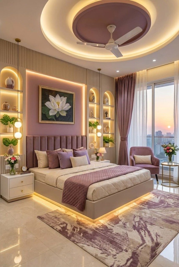 Mauve & Lotus Blossom Master Bedroom with Illuminated Arched Niches