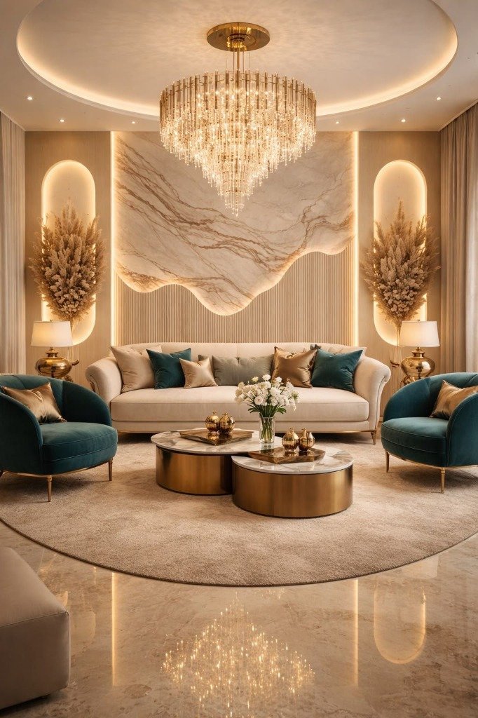 Organic Wave Marble Wall & Teal Velvet Grand Living Suite