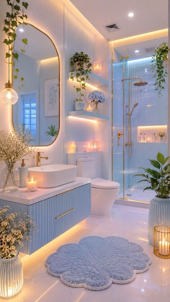 Pastel Sky Blue & Fluted Vanity Powder Room