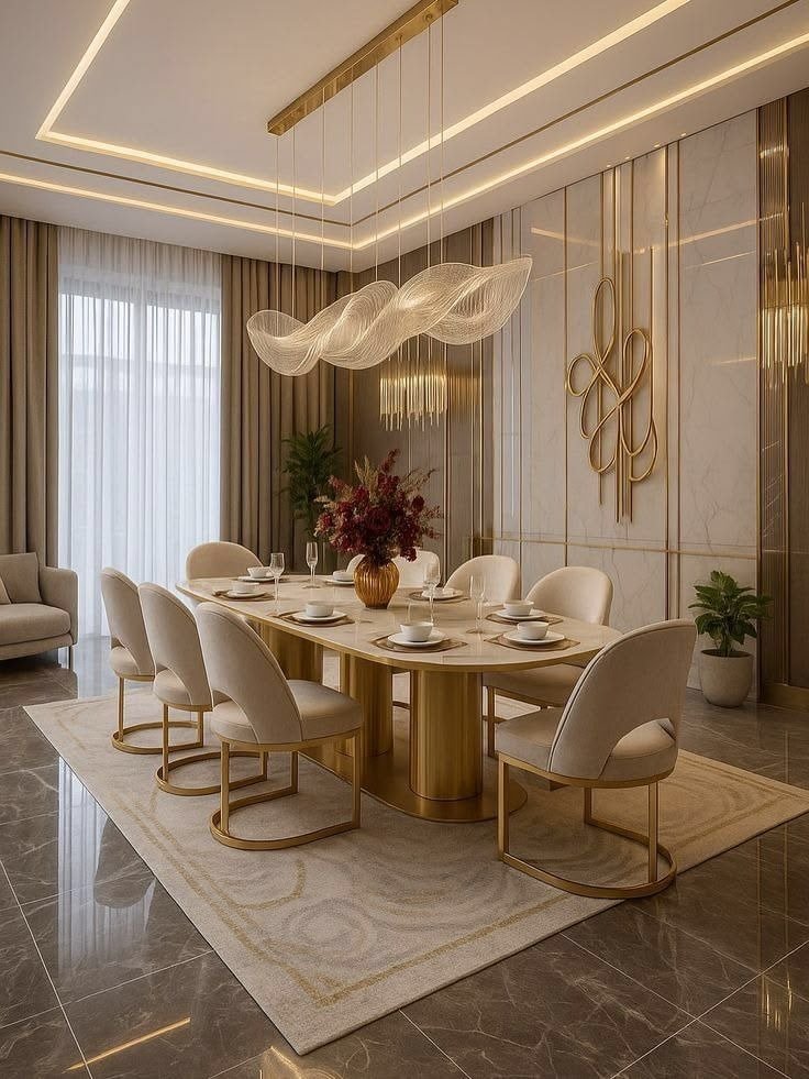 Curved Cream Marble Dining Table & Sculptural Wave Ribbon Chandelier