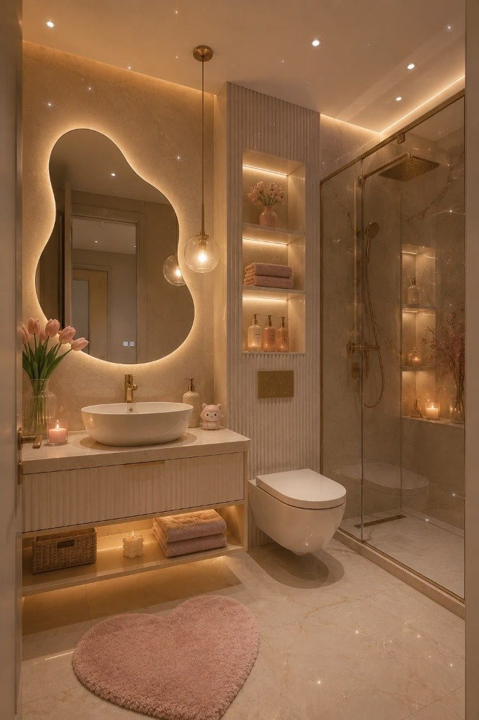 Pastel Blush & Fluted Marble Master Bathroom Suite