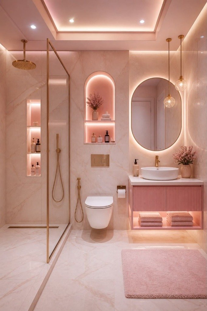 Rose Gold & Fluted Pink Arch Niche Spa Bathroom