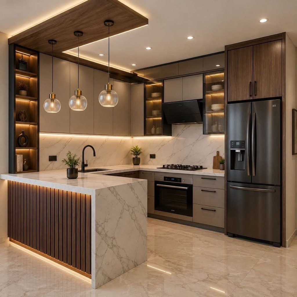 Gourmet Champagne Island Kitchen & Glass Crockery Units