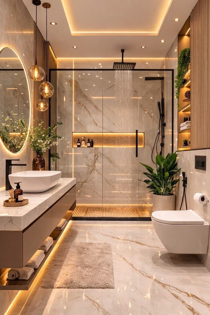 Calacatta Gold Marble & Fluted Wood Walk-In Rain Shower Suite