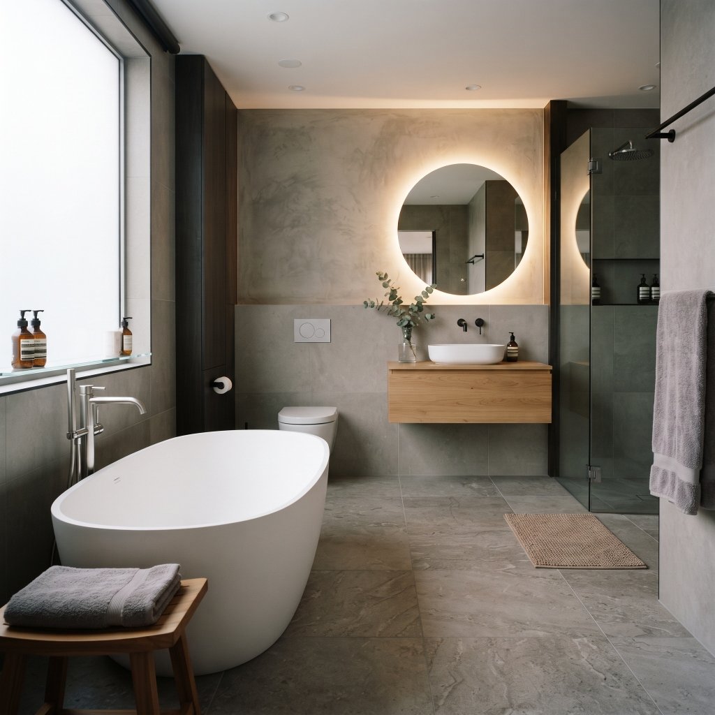 Nordic Microcement & Oak Minimalist Bathroom with Backlit LED Mirror & Freestanding Tub