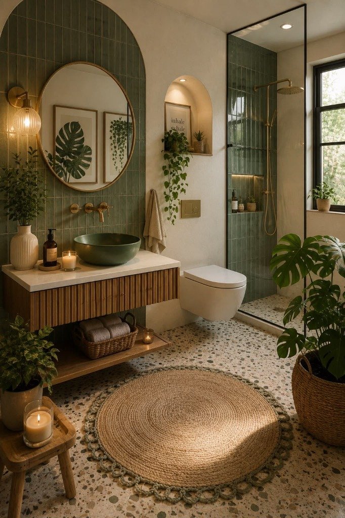 Boho Olive Green Tiled & Terrazzo Sanctuary Bathroom