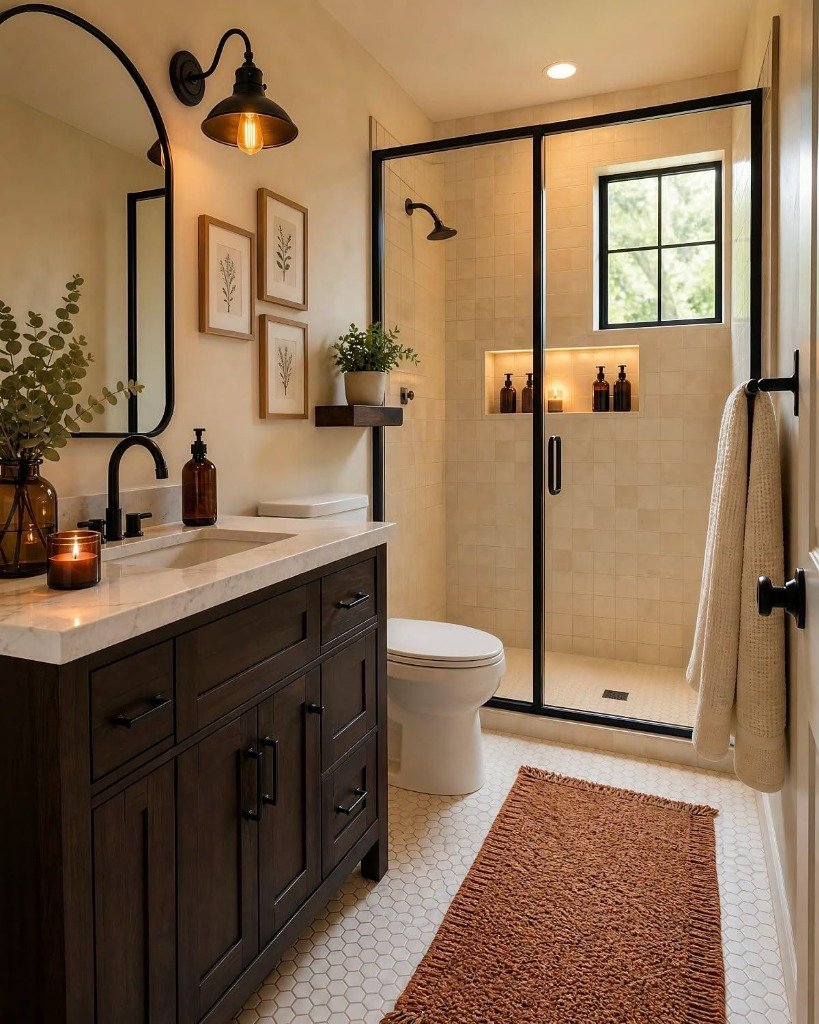 Rustic Farmhouse Dark Wood & Black Grid Shower Spa Bathroom