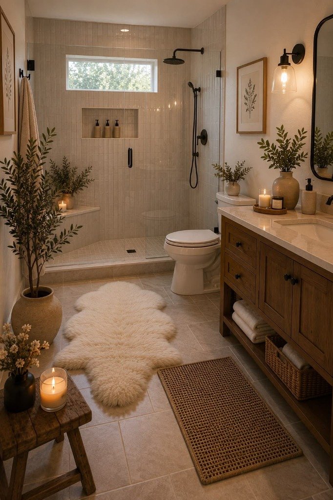 Rustic European Farmhouse Spa Bathroom with Walk-In Glass Shower