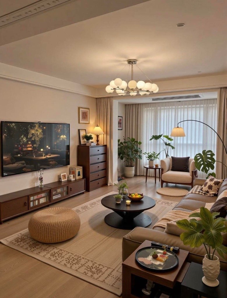 Warm Japandi Living Lounge with Low-Profile Teak Credenza & Orb Chandelier