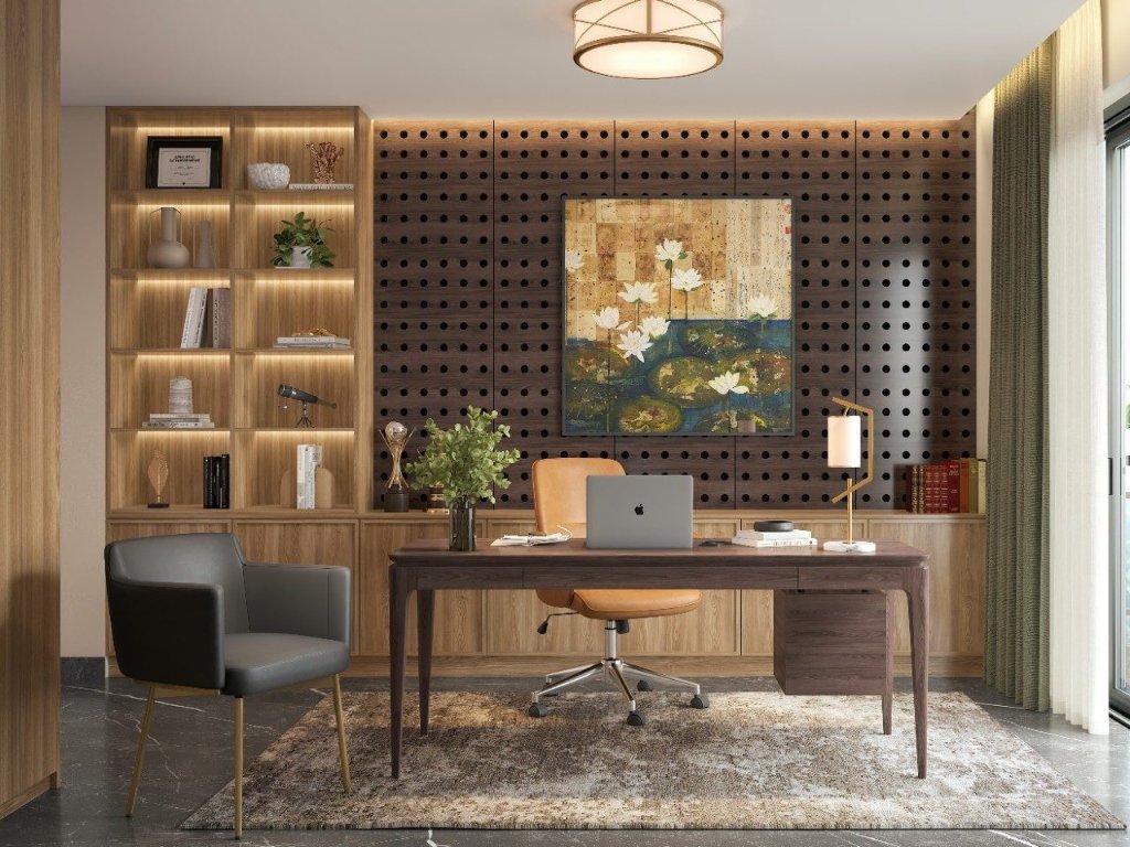 Executive Walnut & Acoustic Oak Library Study with Illuminated Bookshelves