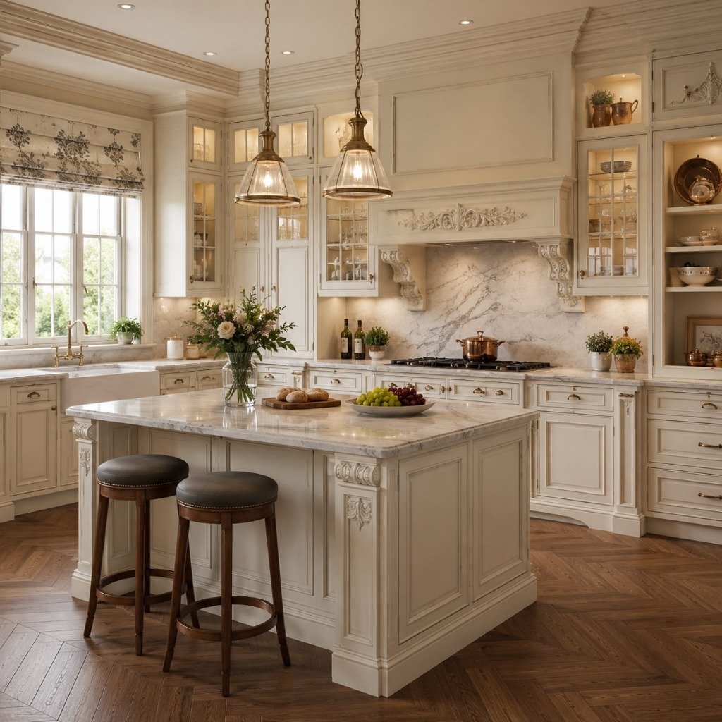 French Provincial Ivory & Calacatta Marble Kitchen