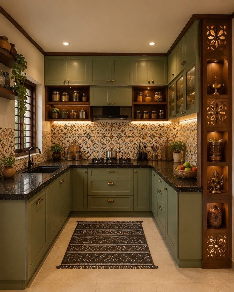 Olive Green & Backlit Carved Niche Kitchen