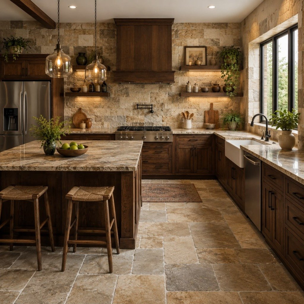 Rustic Tuscan Timber & Travertine Stone Kitchen