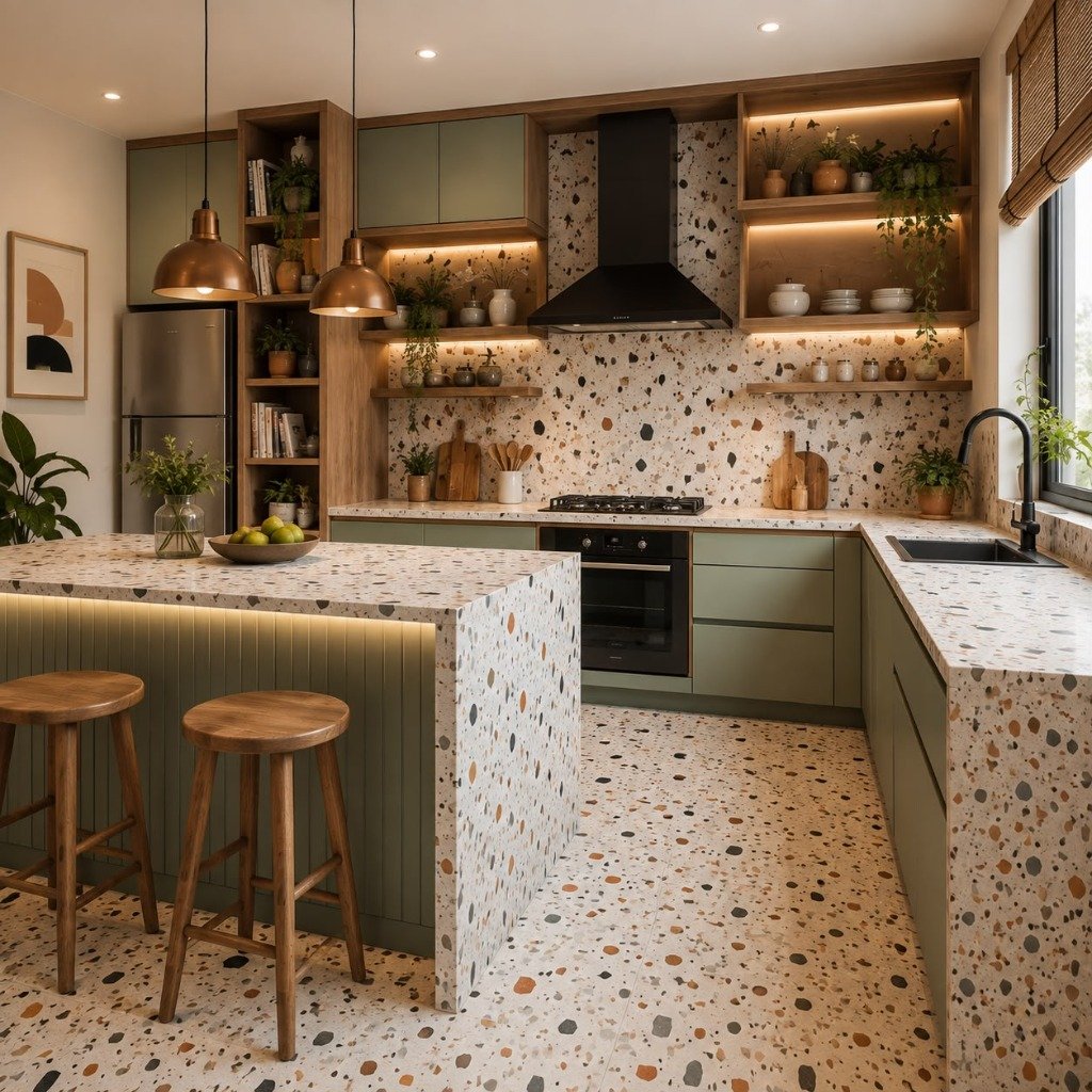 Modern Sage Green & Terrazzo Waterfall Kitchen