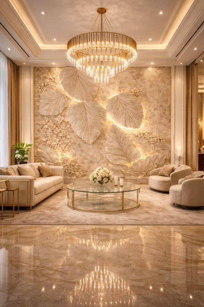 Grand Royal Palm Leaf & Backlit Bas-Relief Salon
