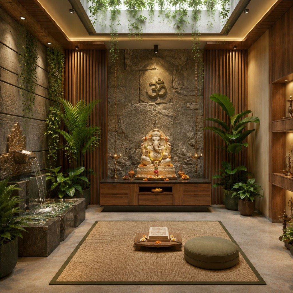 Biophilic Stone Sanctuary & Water Fountain Mandir