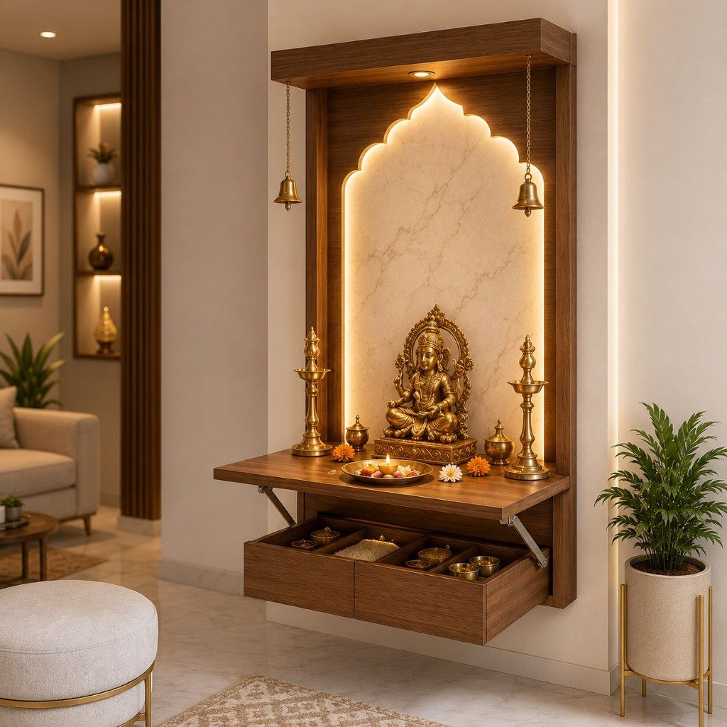 Compact Wall-Mounted Teakwood Mandir