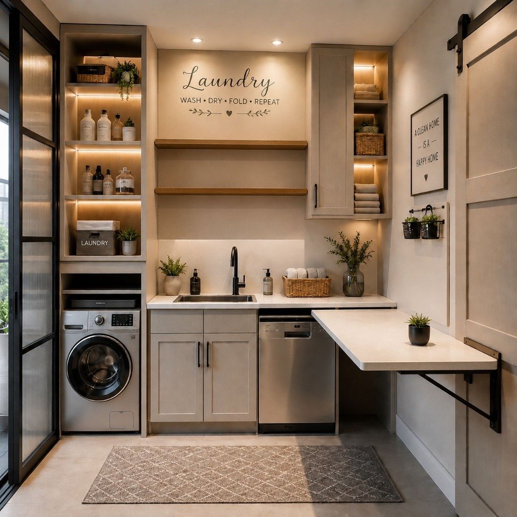 Modern Compact Utility with Fold-Down Table & Backlit Niches